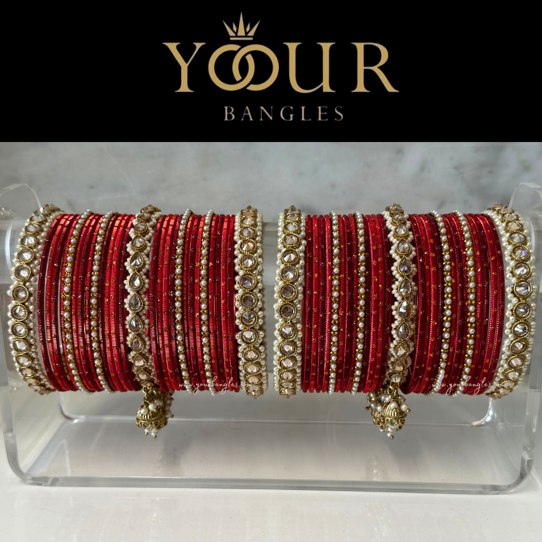 Pearly Red/Maroon Combo Bangle Set - 2.10 (with Mini Jhumki Bangles)