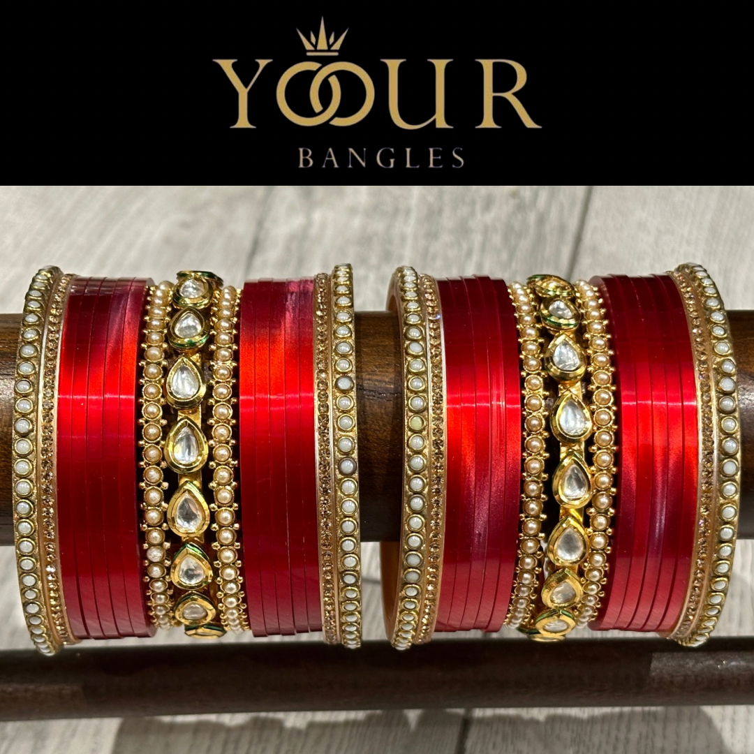 Red Ombre Bangle Set with Kundan - 2.6