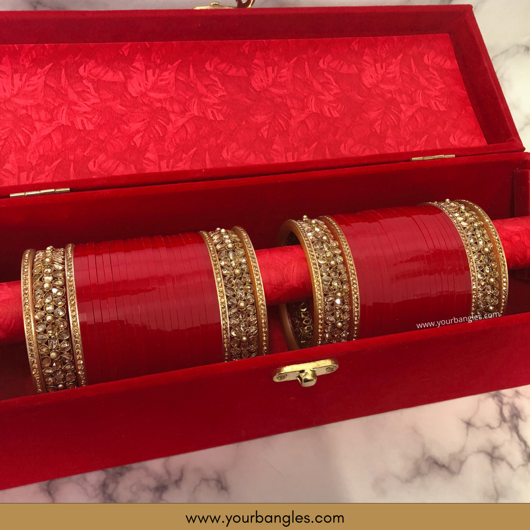 Red Bridal Choora / Bangles Set + FREE Red Sequential Bangle Box