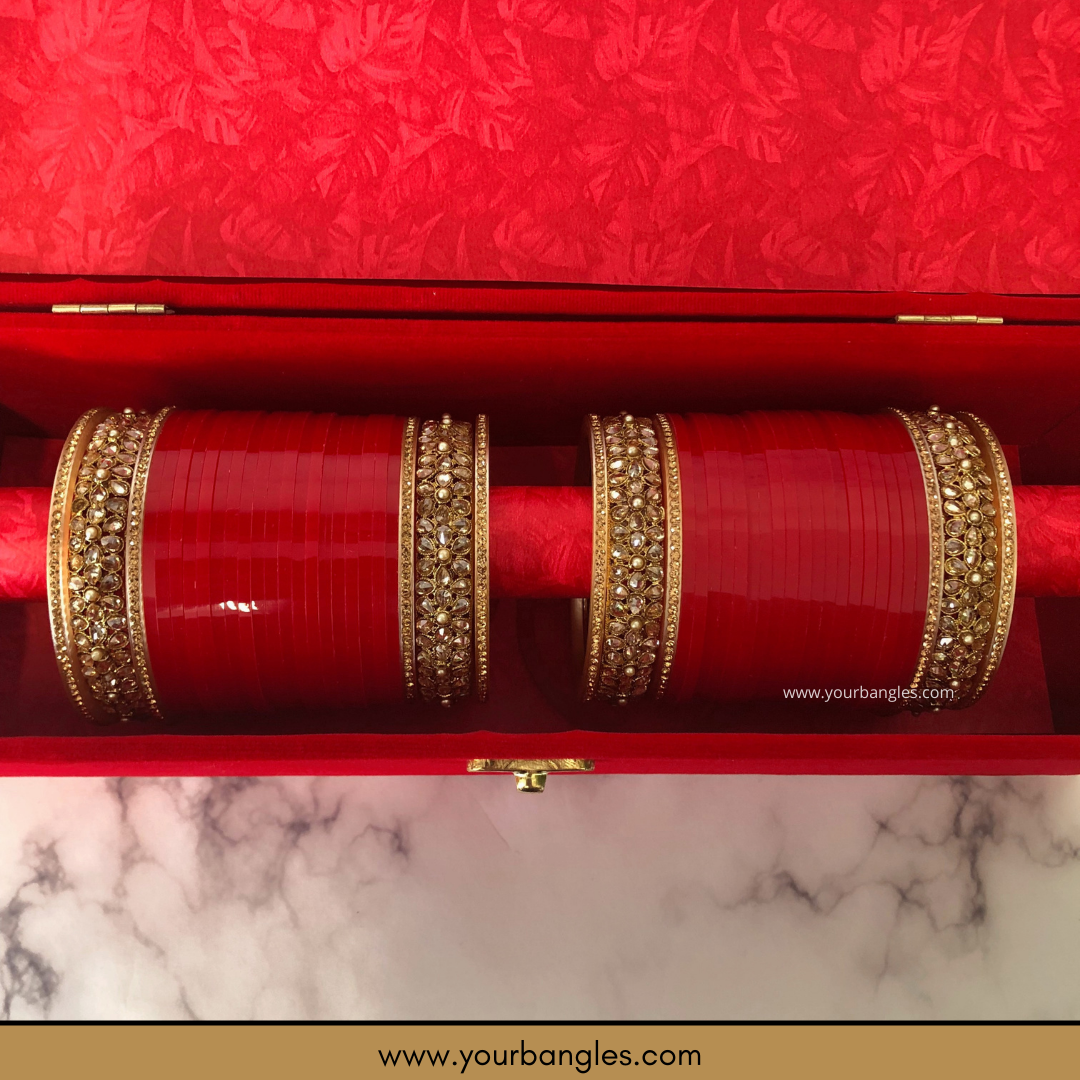 Red Bridal Choora / Bangles Set + FREE Red Sequential Bangle Box