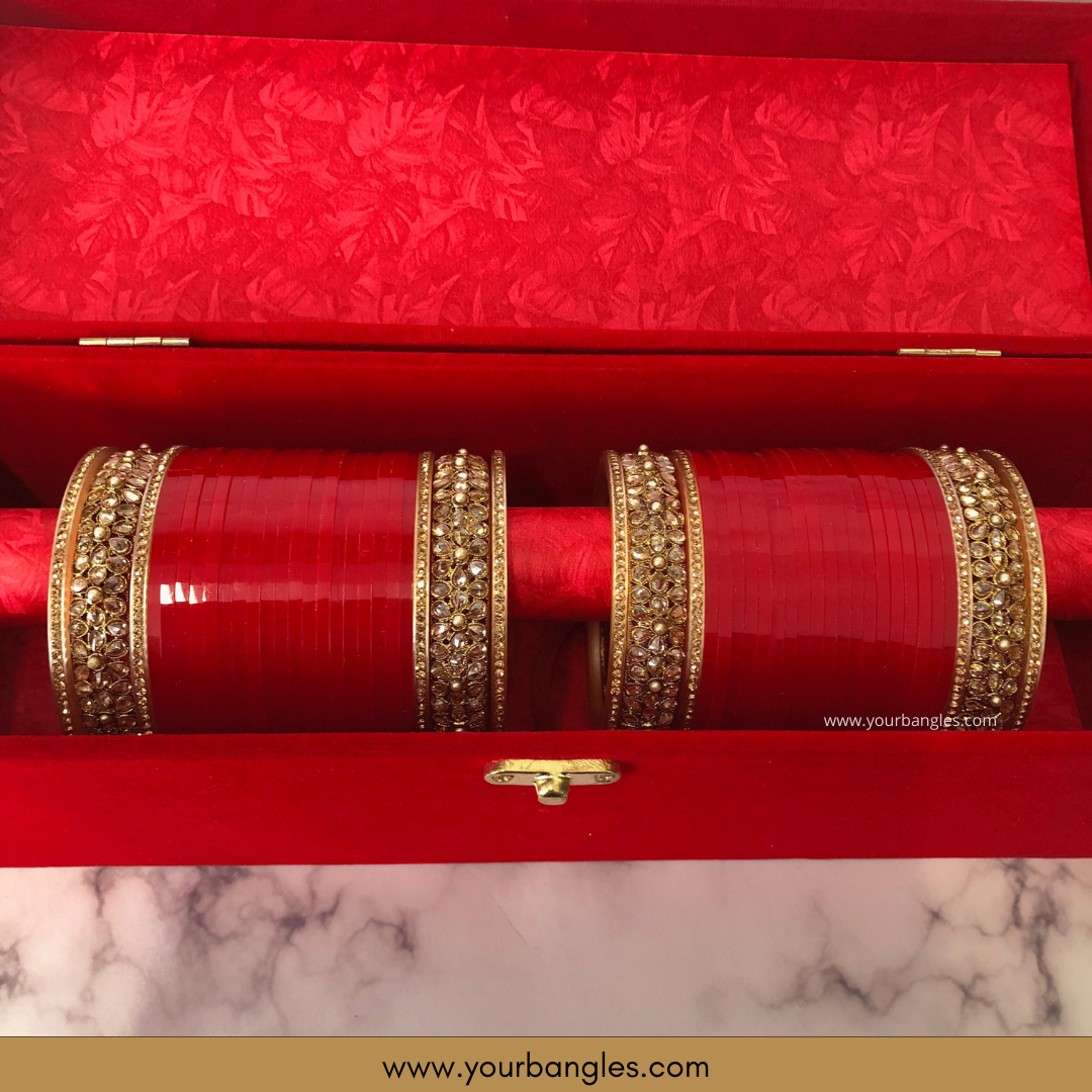 Red Bridal Choora / Bangles Set + FREE Red Sequential Bangle Box