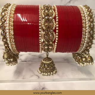 Red Royal Pearly Jhumki Bridal Choora / Bangles Set