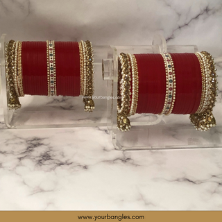 Red Pearly Jhumki Bridal Choora / Bangles Set