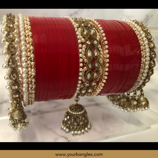 Red Royal Pearly Jhumki Bridal Choora / Bangles Set