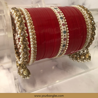 Red Pearly Jhumki Bridal Choora / Bangles Set