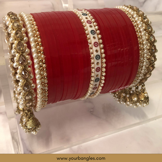 Red Pearly Jhumki Bridal Choora / Bangles Set